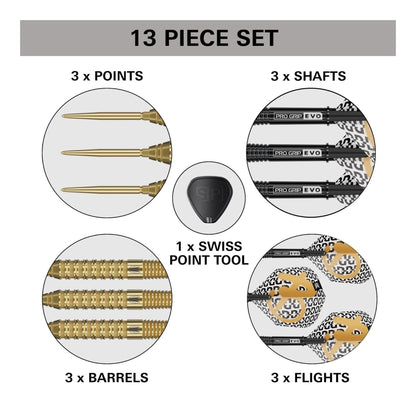 13-piece dart set with points, shafts, barrels, flights, and a Swiss point tool on a white background.