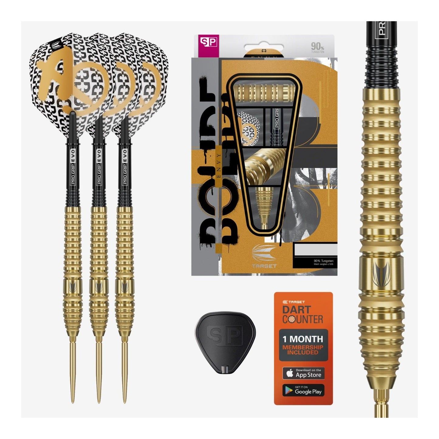 Complete packaging and accessories for Bolide Envy 03 darts