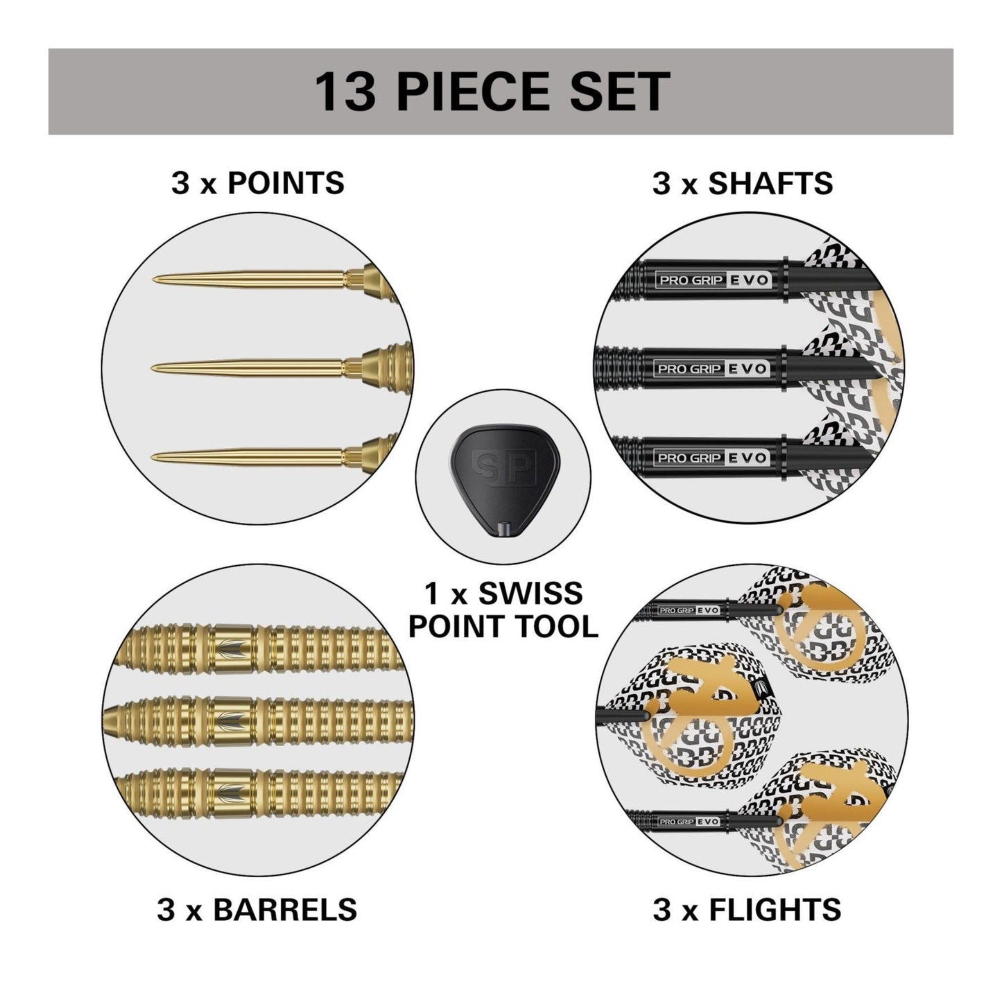 13-piece dart set with points, shafts, barrels, flights, and a Swiss point tool on a white background.