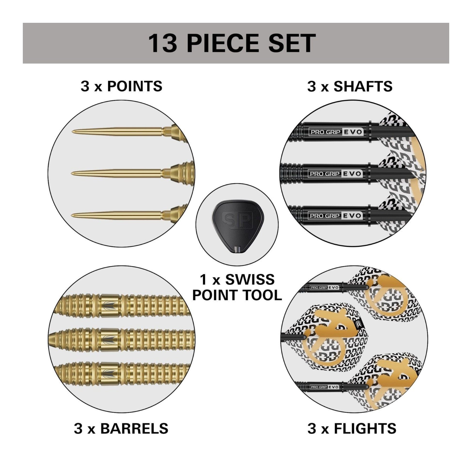 13-piece dart set with points, shafts, barrels, flights, and a Swiss point tool on a white background.