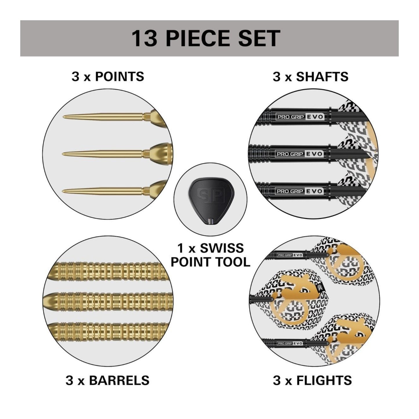 13-piece dart set with points, shafts, barrels, flights, and a Swiss point tool on a white background.