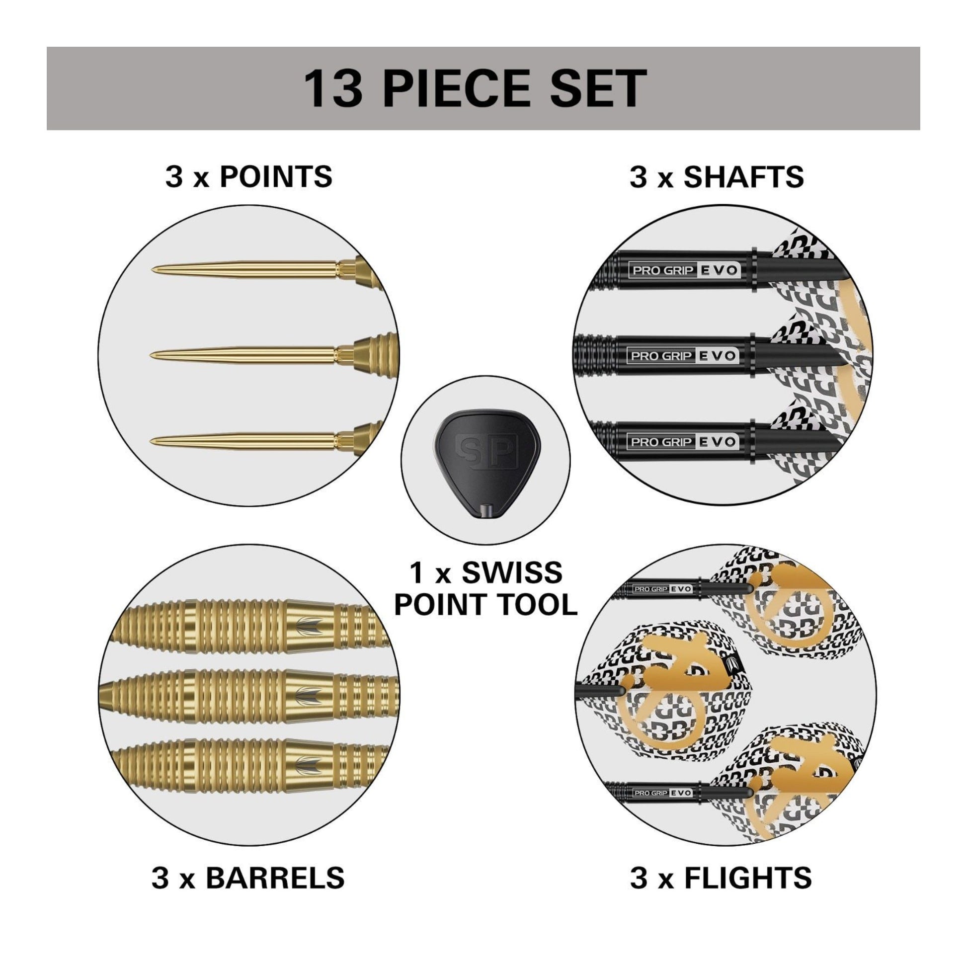 13-piece dart set with points, shafts, barrels, flights, and a Swiss point tool on a white background.