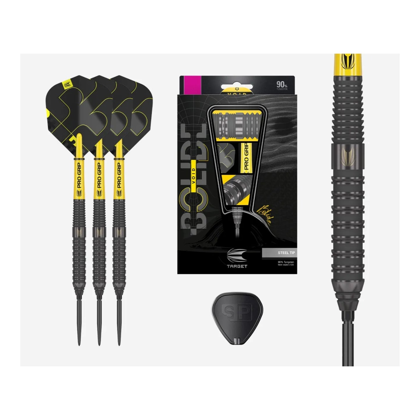 Full length view of Target Bolide Void 02 90% tungsten darts with flights