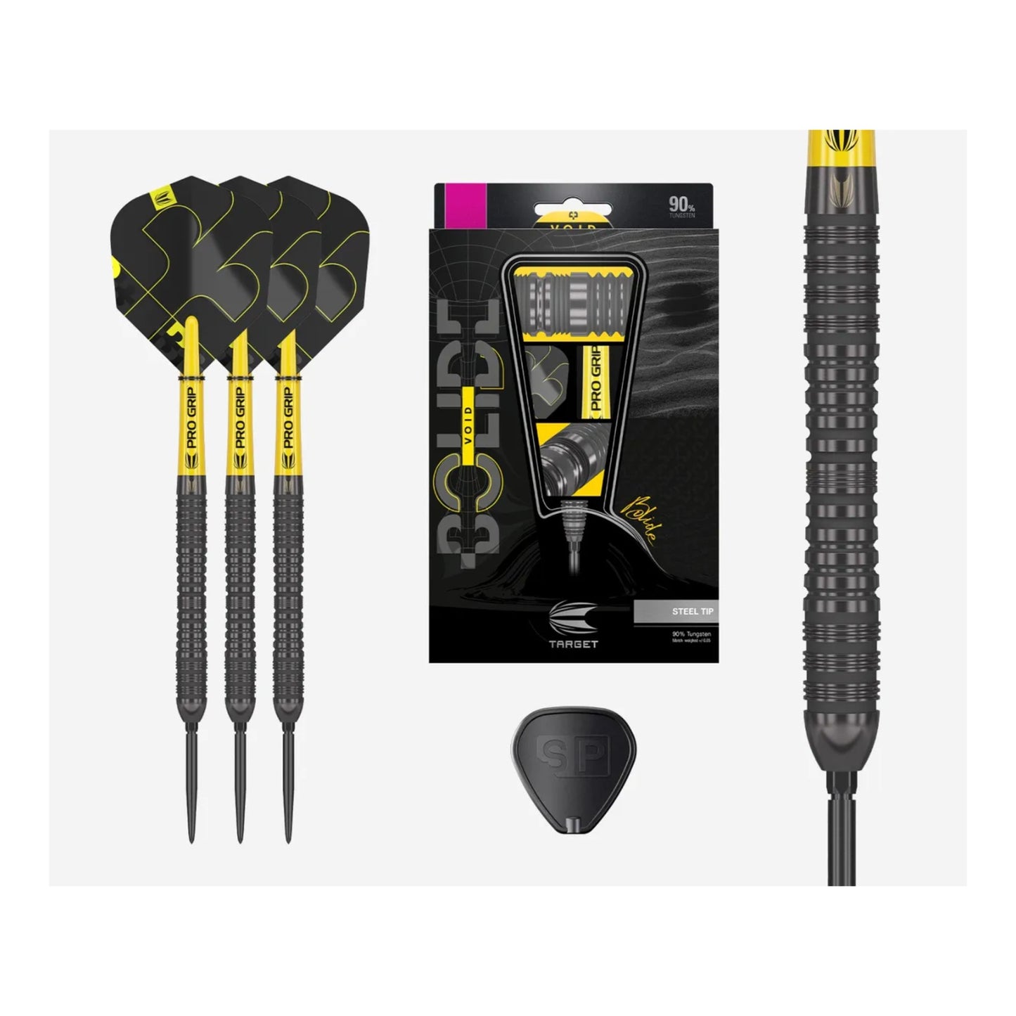 Full length view of Target Bolide Void 04 90% tungsten darts with black points