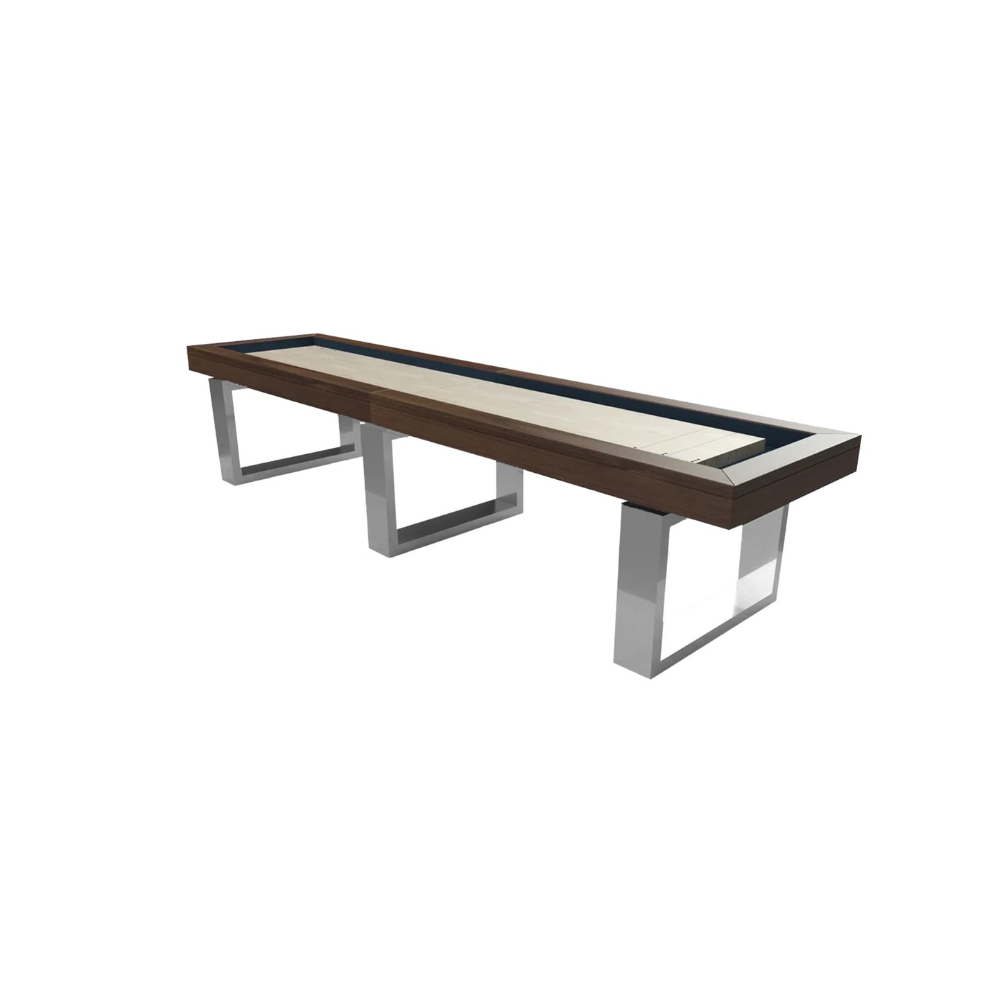 Bridge Aluminum Shuffleboard Table by Canada Billiard featuring a modern industrial design with brushed aluminum legs, a two-tone solid wood frame, and a pro-grade solid maple playing surface.