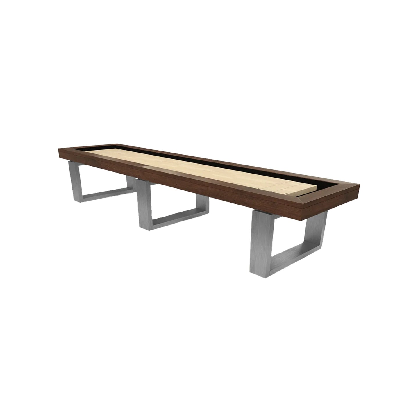 Bridge Stainless Shuffleboard Table by Canada Billiard featuring a brushed stainless steel U-leg base, solid wood surround, and tournament-grade solid maple playing surface.