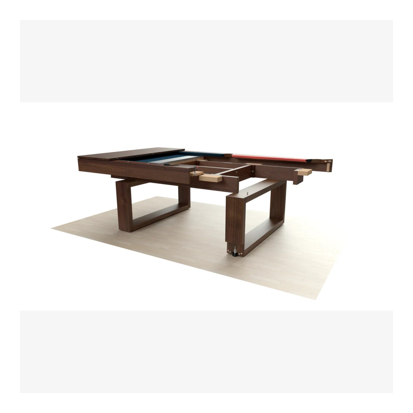 A three-quarter view of the Bridge pool table, emphasizing its slim profile and modern aesthetic.