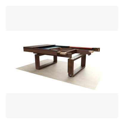 A three-quarter view of the Bridge pool table, emphasizing its slim profile and modern aesthetic.