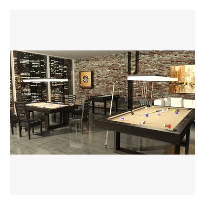 A close-up side-angle view of the Bridge pool table, highlighting the solid wood leg and minimalist frame design.