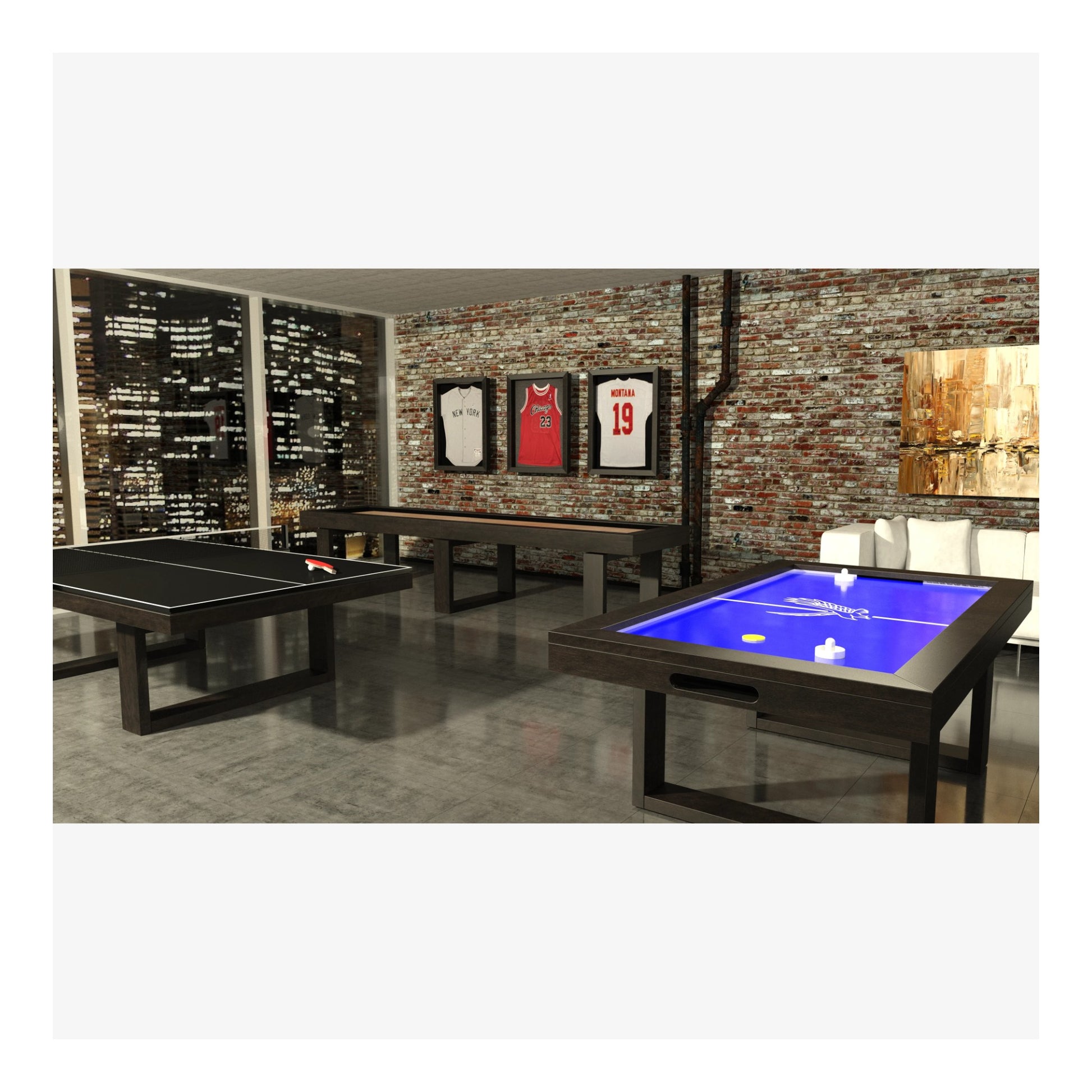 A full-length view of the Canada Billiard Bridge pool table, showing the playing surface and sleek urban design.