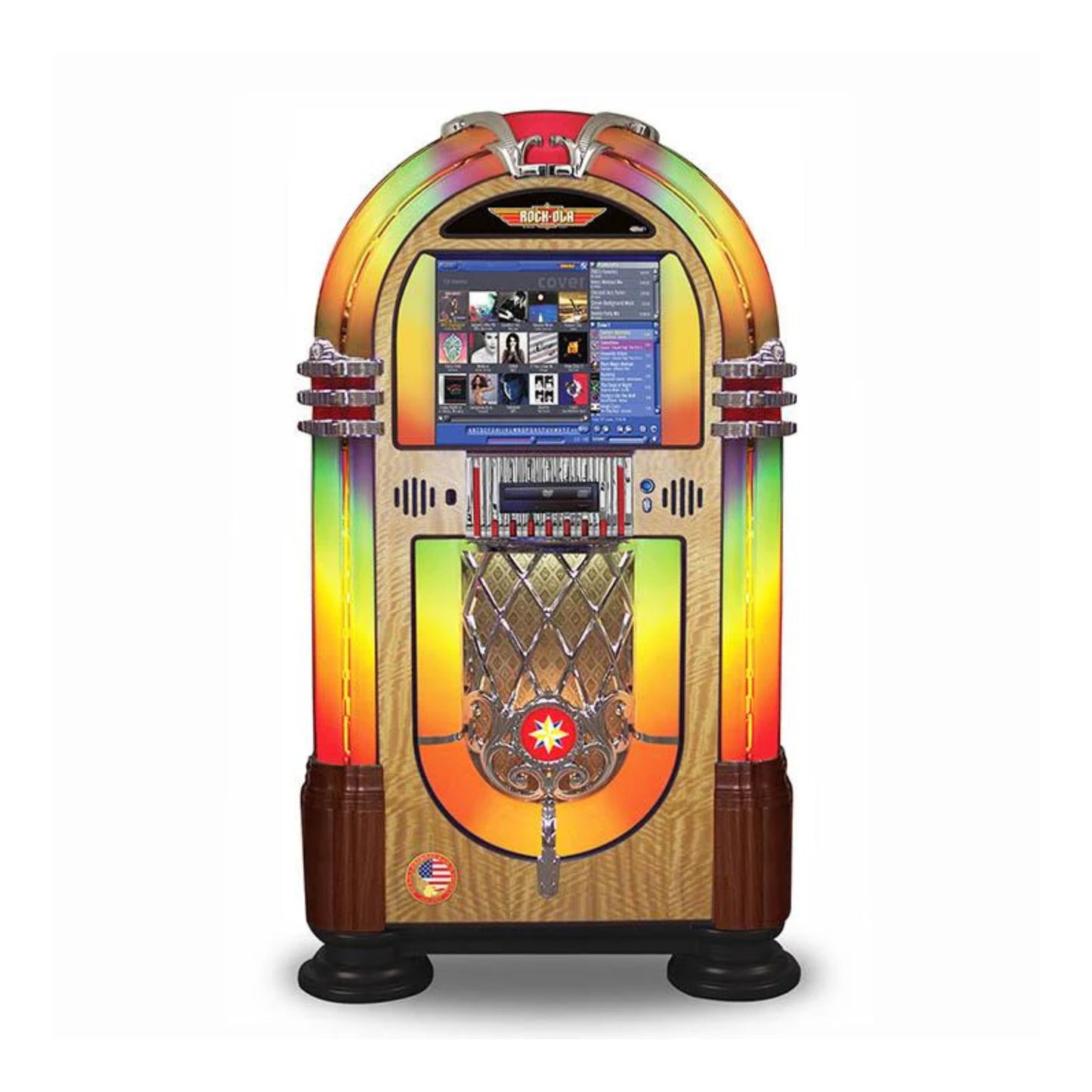 Colorful vintage-style jukebox with a digital display on a white background