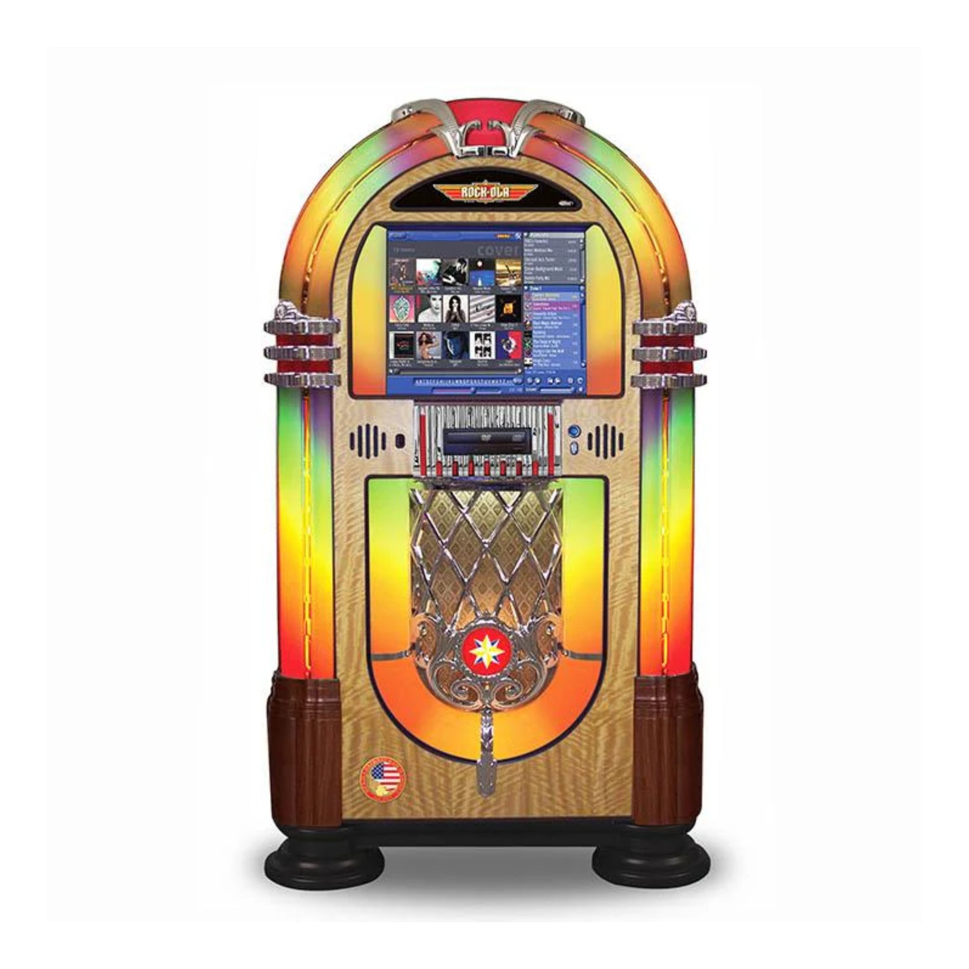 Colorful vintage-style jukebox with a digital display on a white background