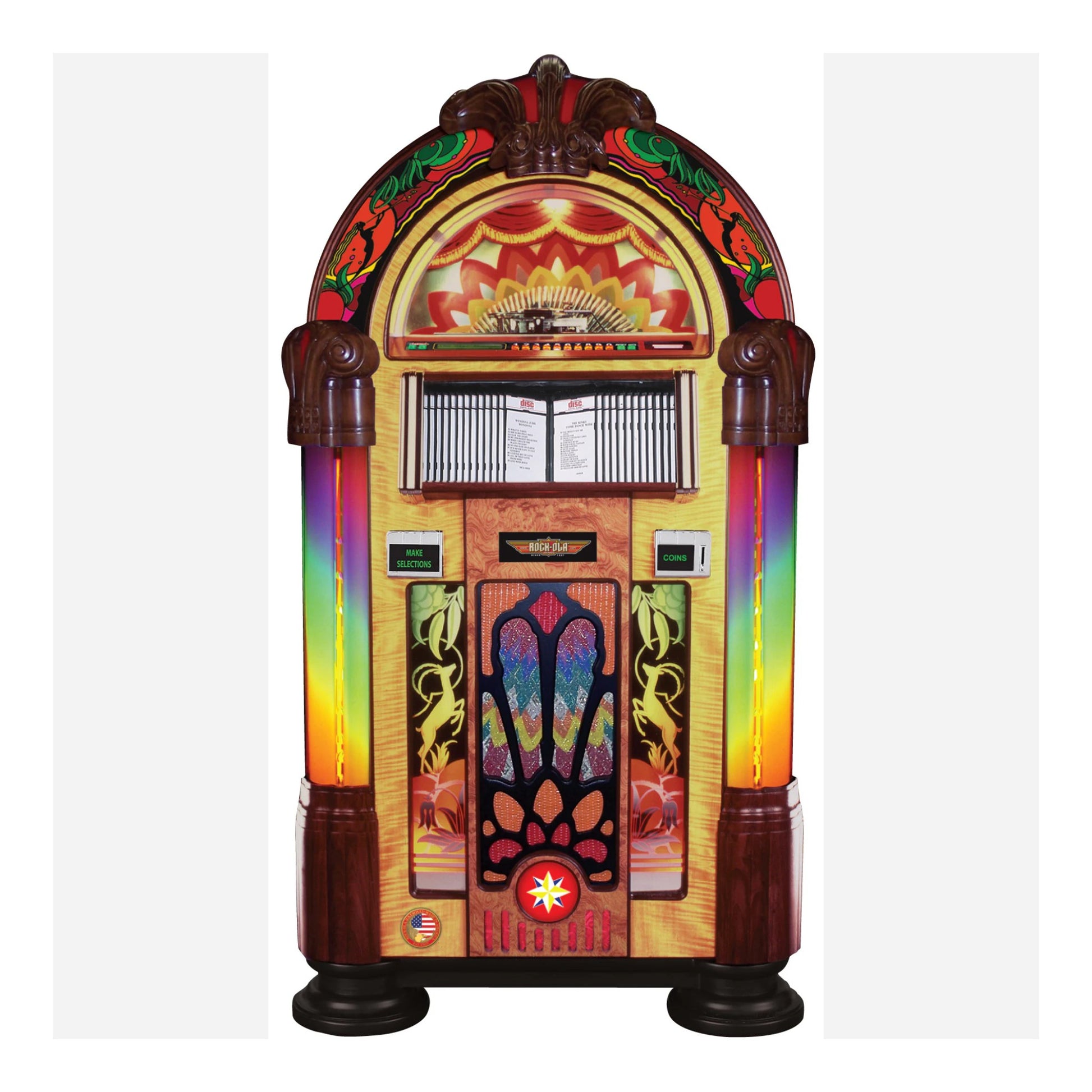 Colorful vintage-style jukebox with rainbow design on a white background