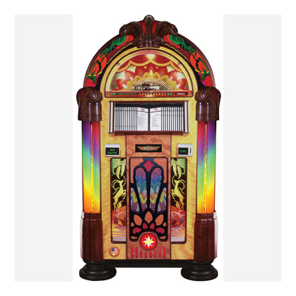 Colorful vintage-style jukebox with rainbow design on a white background