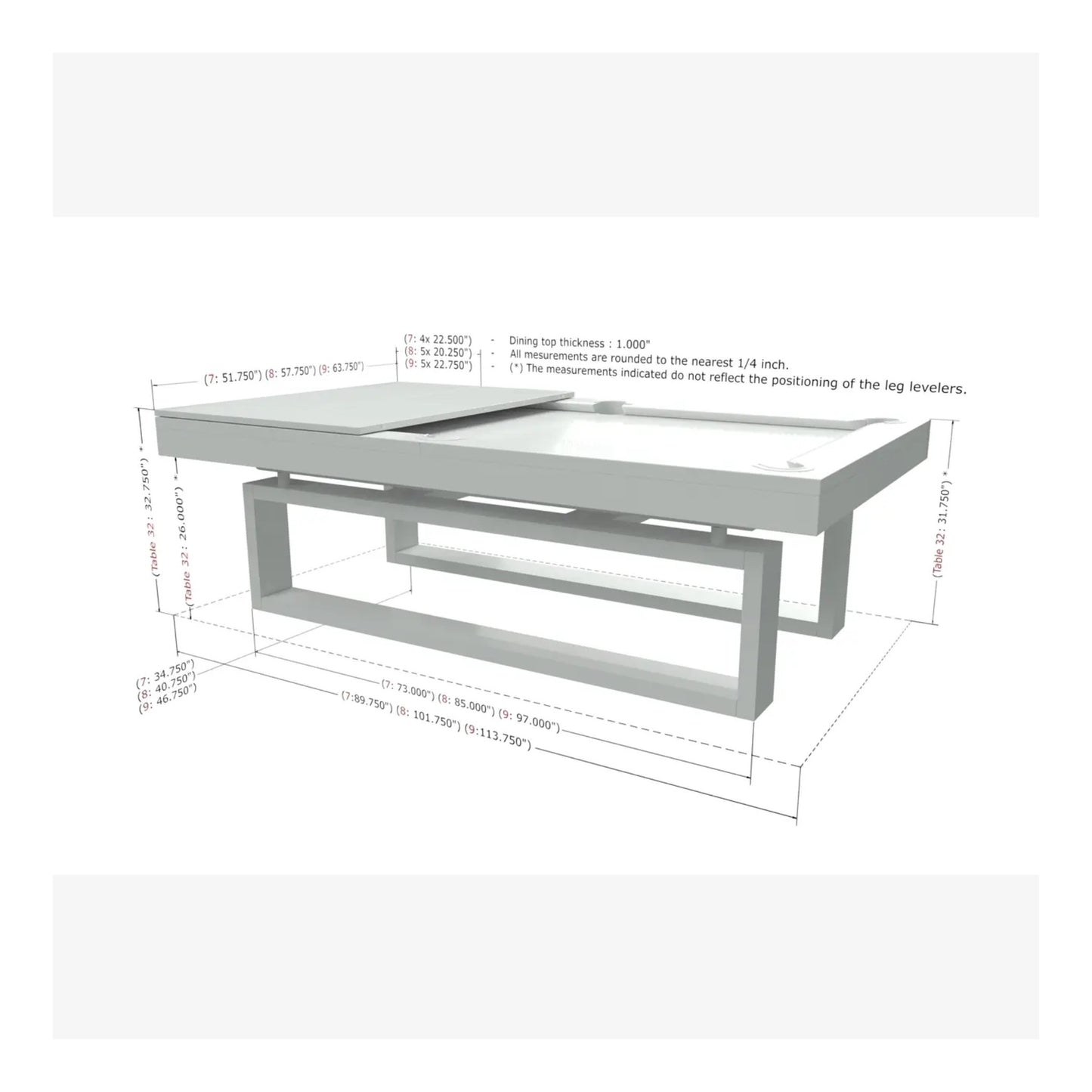 A technical diagram showing the dimensions for an 8-foot pool table, including a 44-inch by 88-inch playing surface.