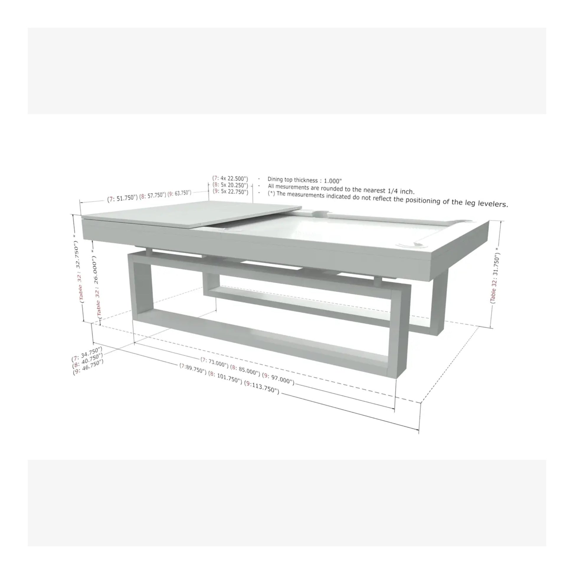 A technical diagram showing the dimensions for an 8-foot pool table, including a 44-inch by 88-inch playing surface.
