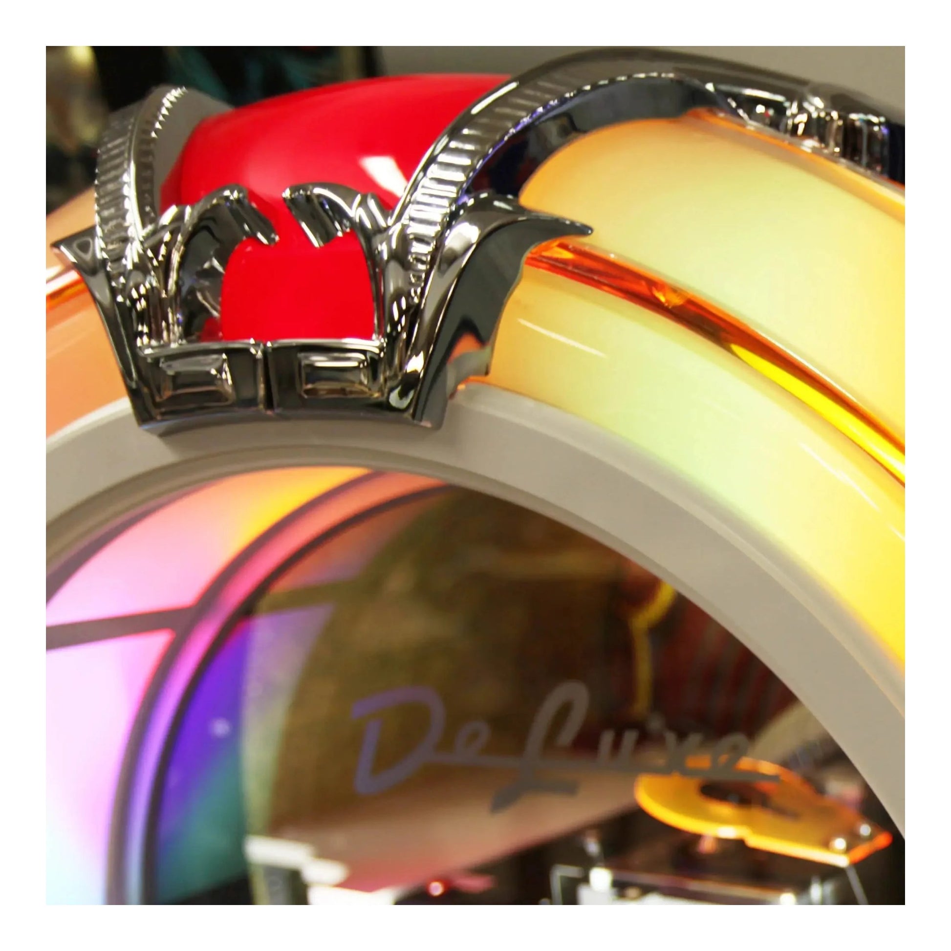 Left-angle view of the Gloss White Rock-Ola Bubbler, highlighting the side cabinet and chrome details.