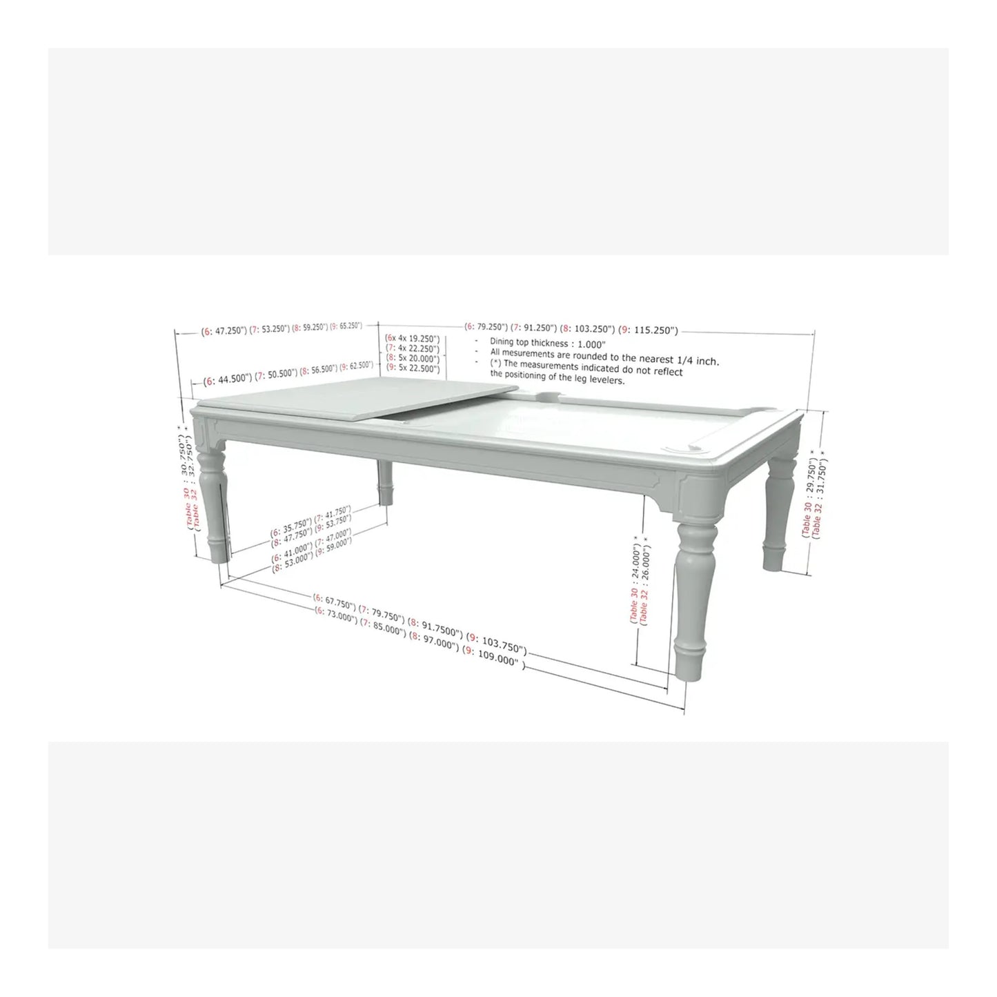 Technical drawing showing the dimensions and room size requirements for the 8-foot Colonial pool table.