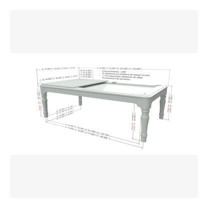 Technical drawing showing the dimensions and room size requirements for the 8-foot Colonial pool table.