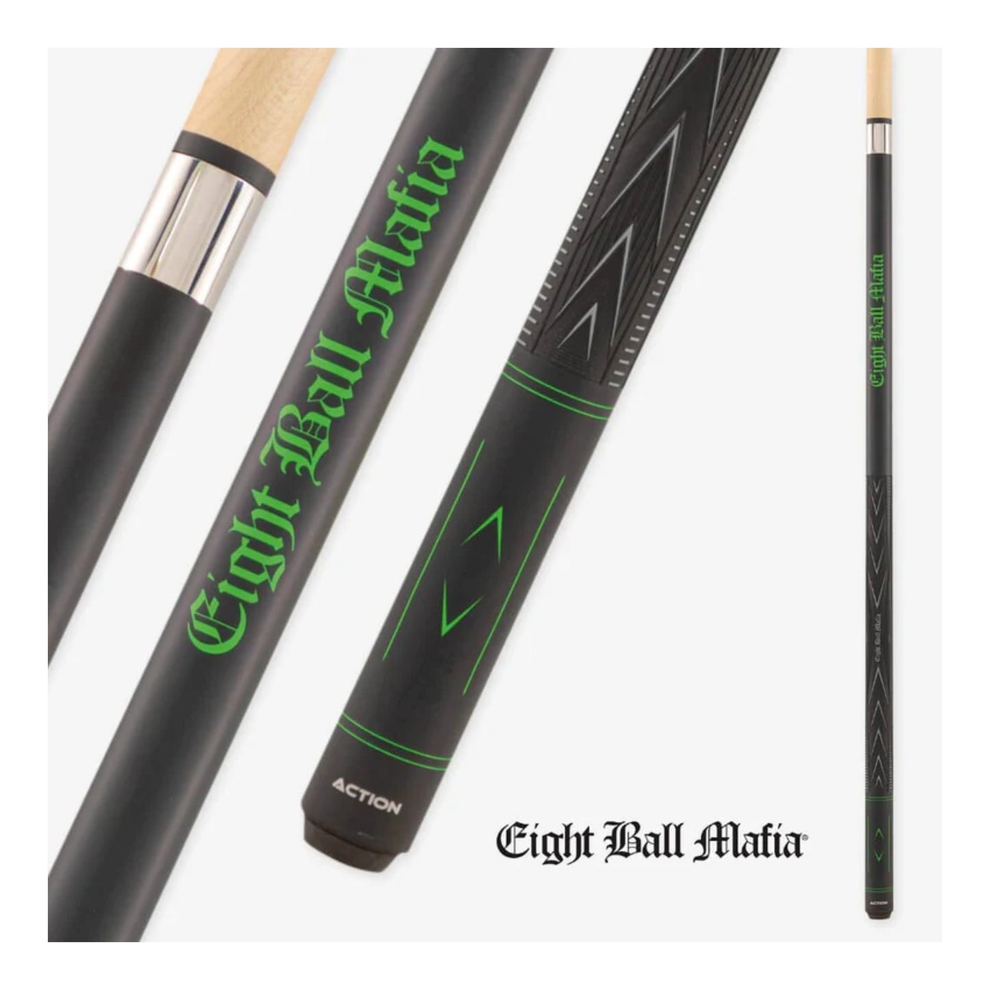 Action Eight Ball Mafia Green Daemon break cue featuring black and green matte finish with skull graphics.