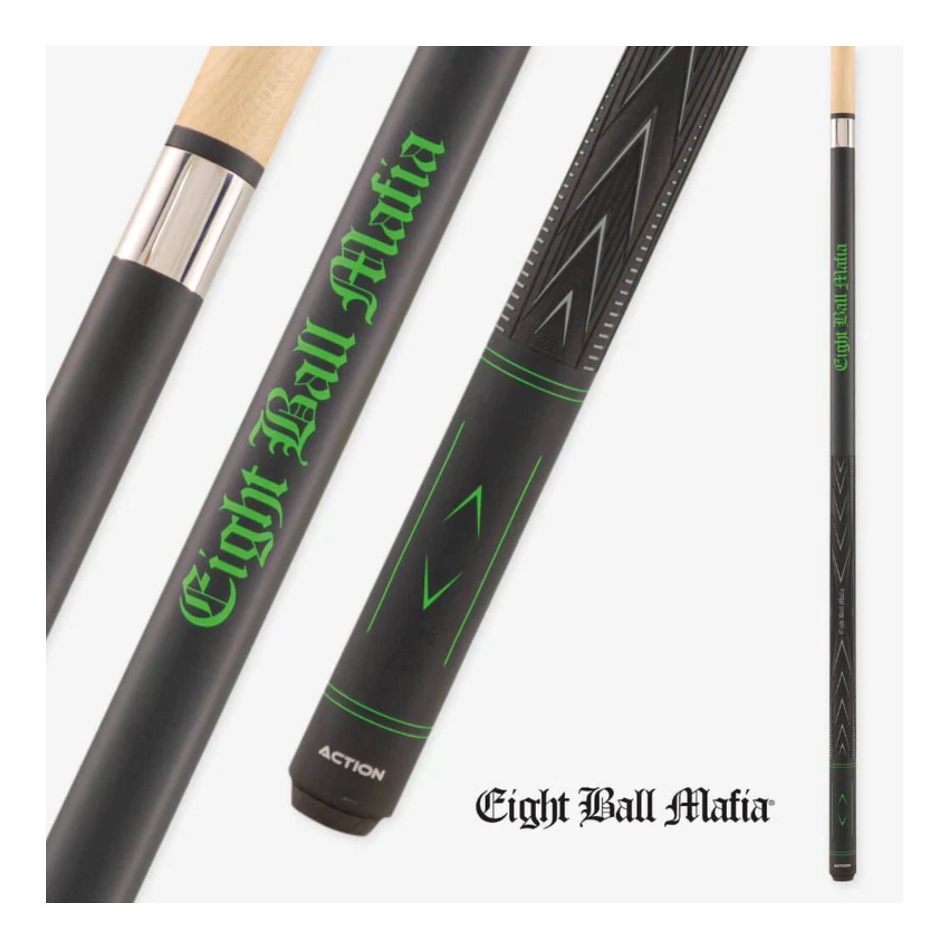 Action Eight Ball Mafia Green Daemon break cue featuring black and green matte finish with skull graphics.
