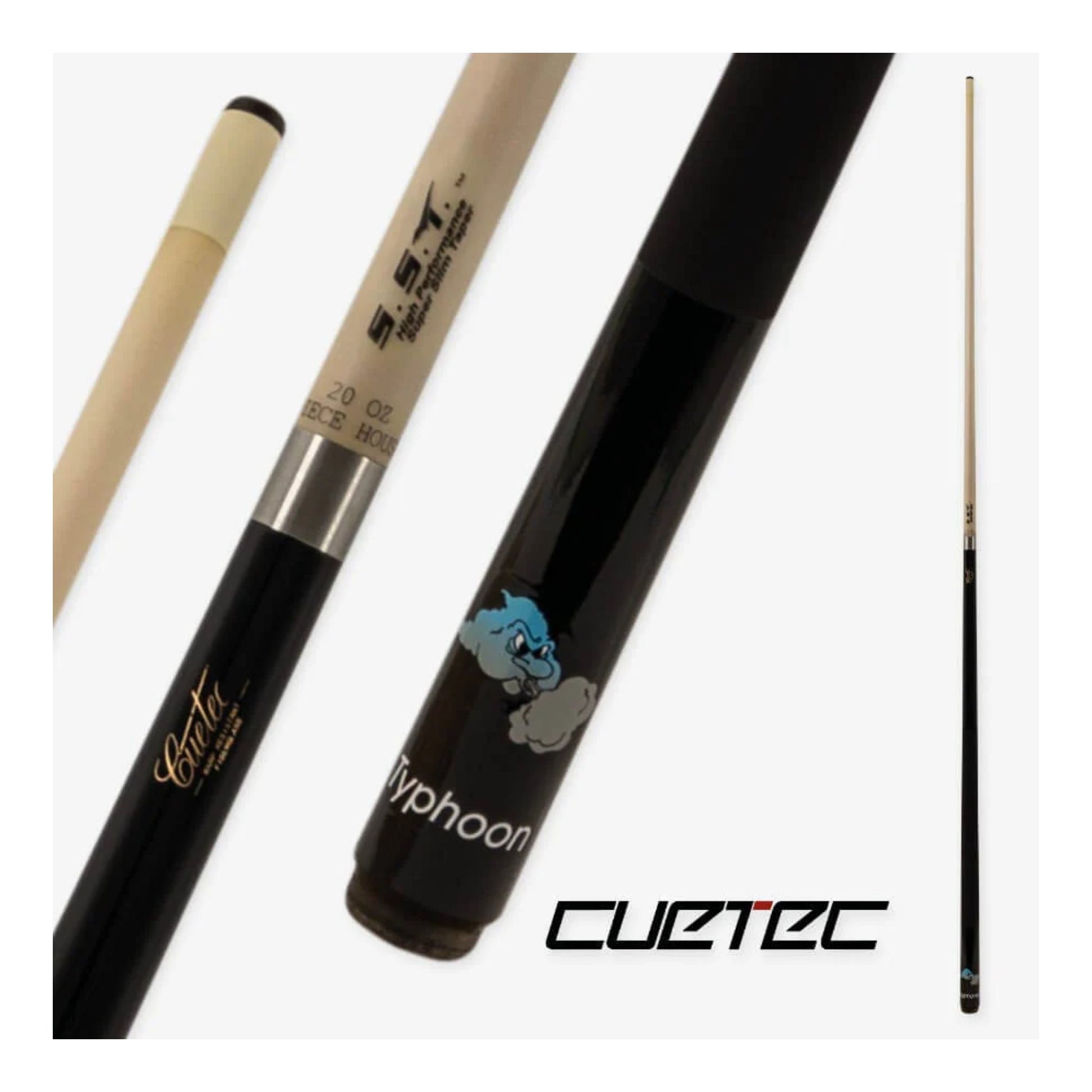 Black Cuetec Typhoon pool cue with Veltex grip standing vertically, available at Kingston Billiards and Games.