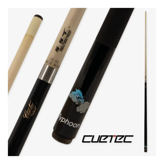 Black Cuetec Typhoon pool cue with Veltex grip standing vertically, available at Kingston Billiards and Games.
