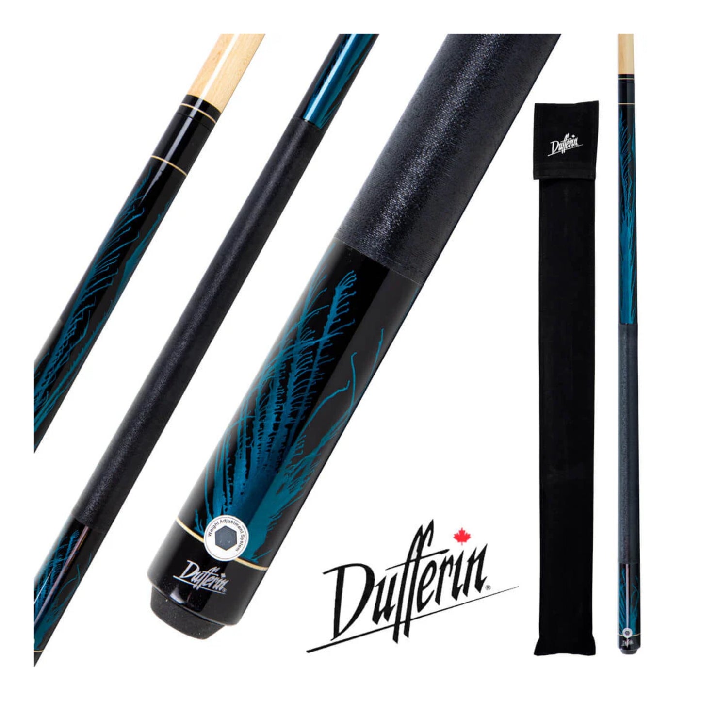 Dufferin Radical Series blue pool cue with black nylon wrap and maple shaft, displayed vertically.