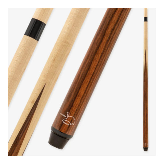Master Speed Trophy pool cue featuring a classic light and dark wood spliced design, two-piece construction, and black bumper.