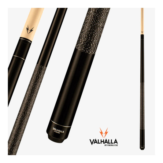 Viking Valhalla VA111 black pool cue with linen wrap and stainless steel joint, displayed on a white background.