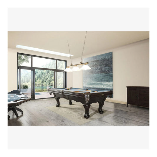 Modern room with a pool table, large windows, and a scenic wall mural.