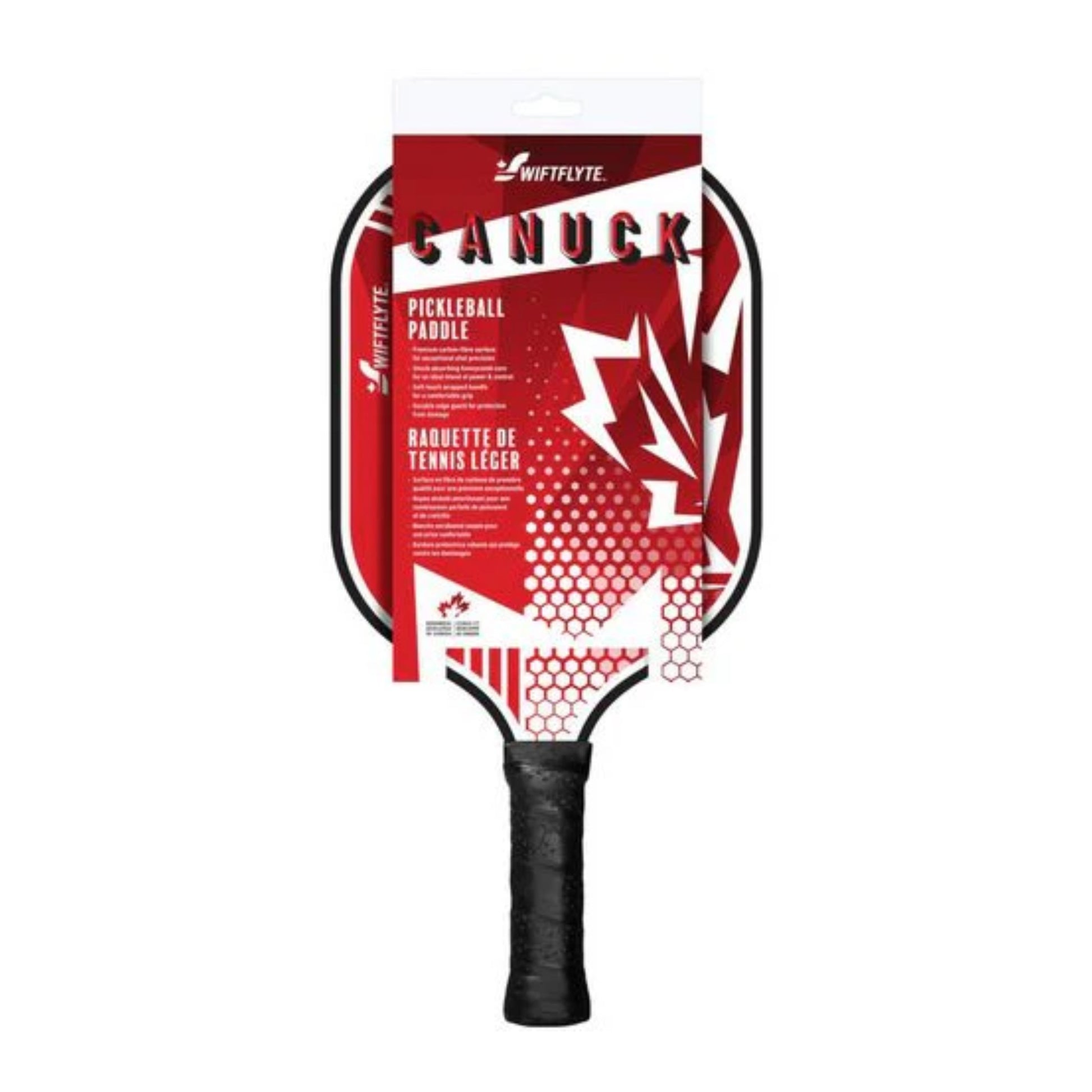 Full view of Swiftflyte Canuck Pickleball Paddle with Canadian flag design elements