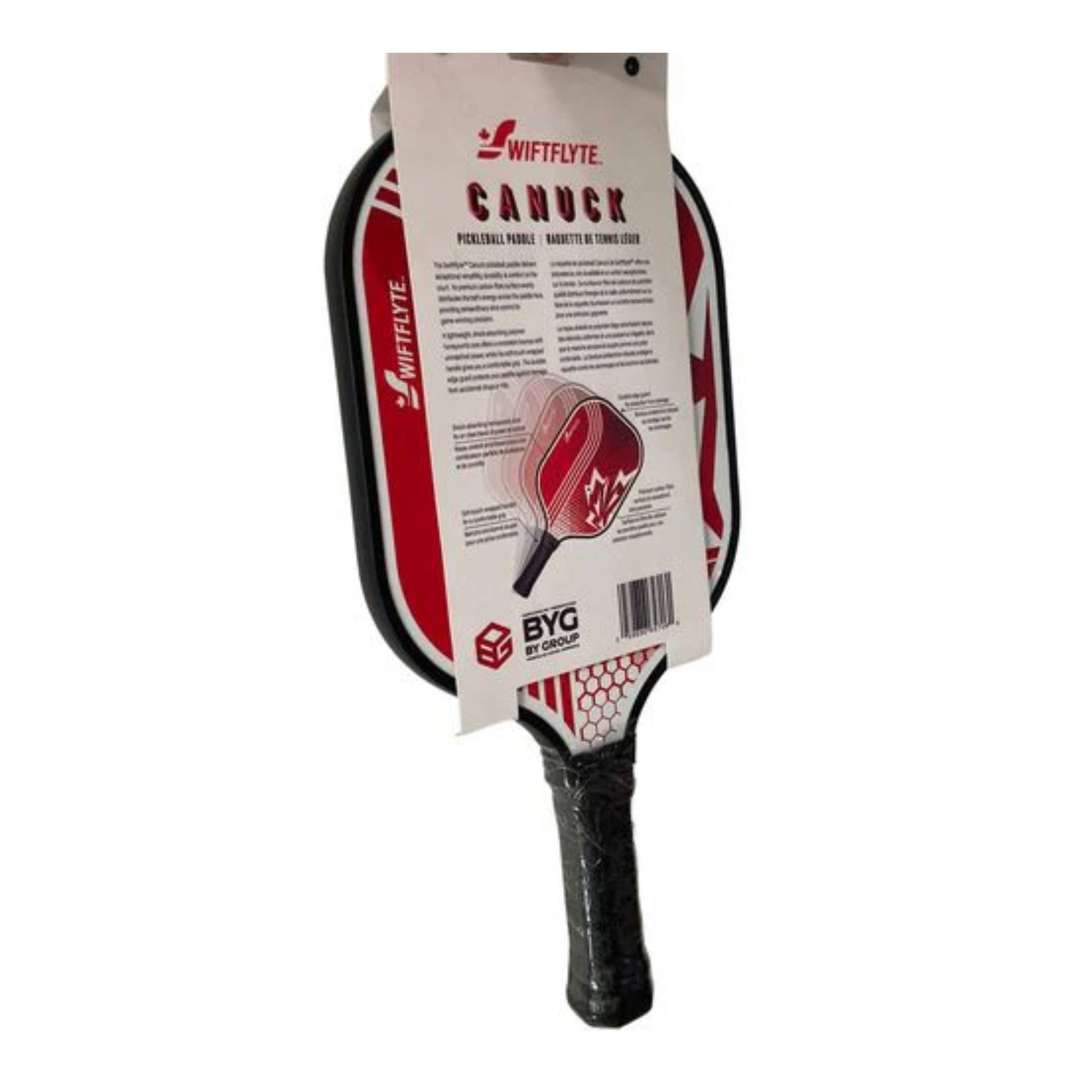 Angled view of Swiftflyte Canuck Pickleball Paddle showing thickness and grip