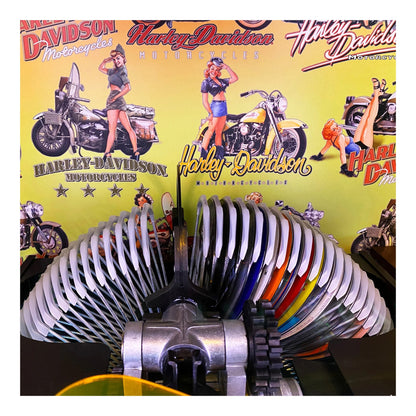 Harley Davidson-themed background with motorcycle and pin-up graphics, featuring a metal exhaust system in the foreground.