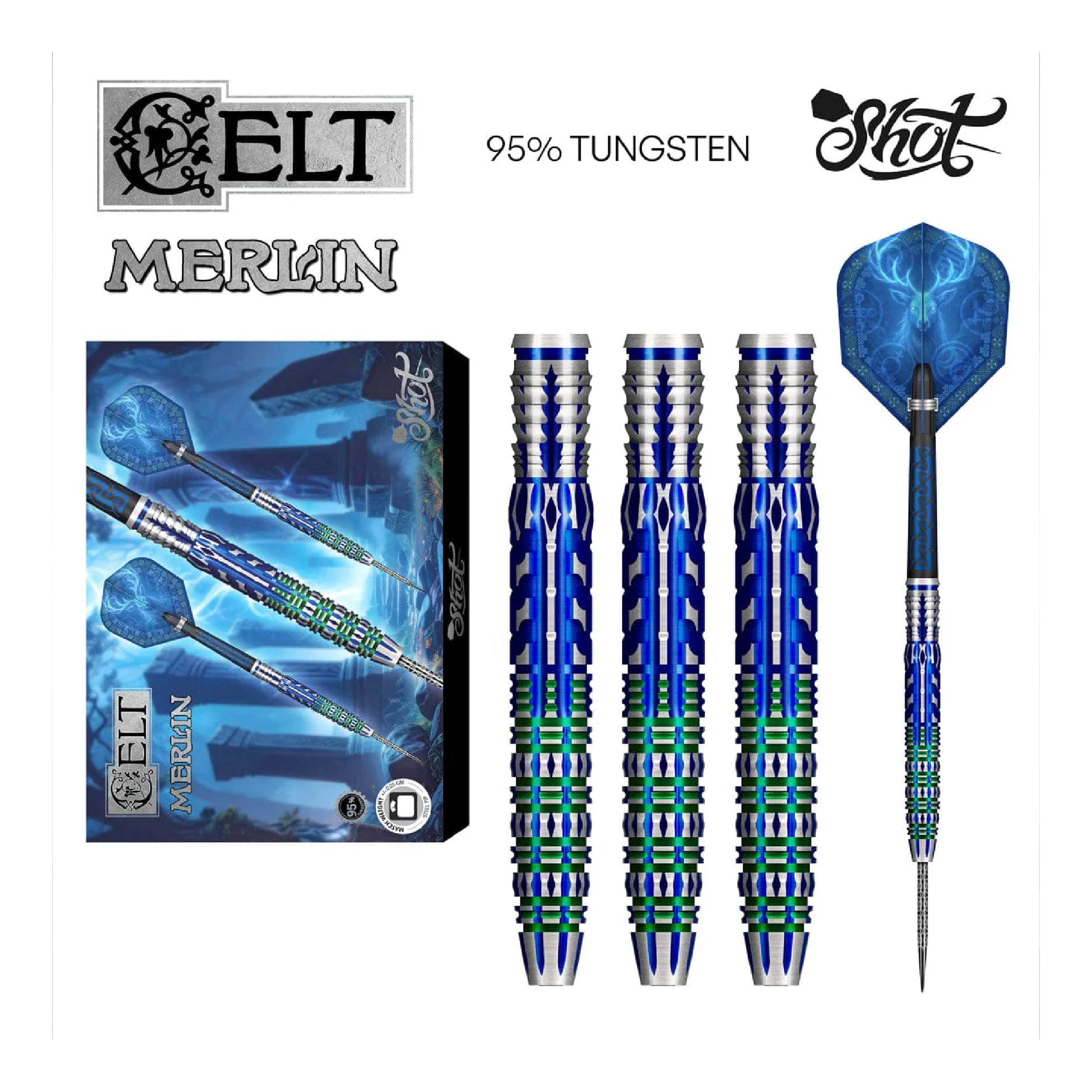 Blue darts with packaging and branding on a white background