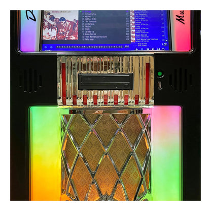 Vintage-style jukebox with a colorful display and retro design.