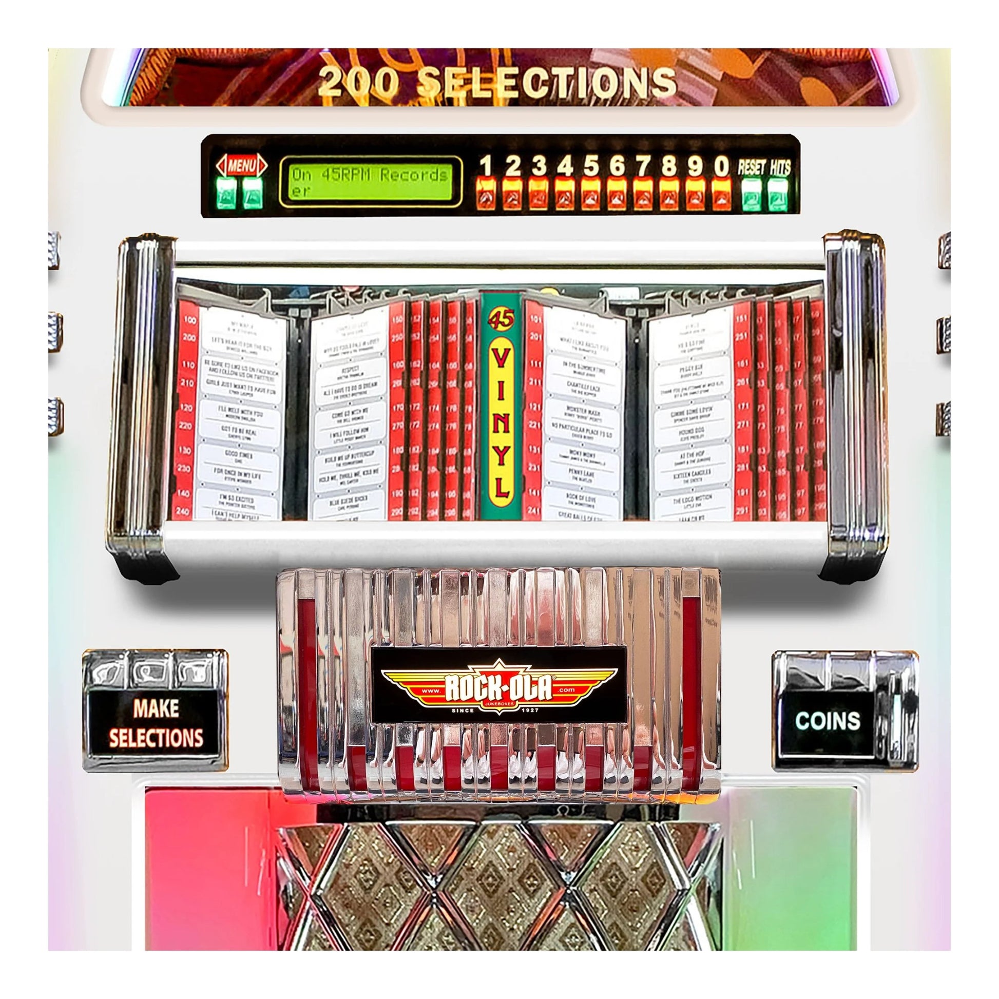 Vintage-style jukebox with colorful display and coin slot on a white background