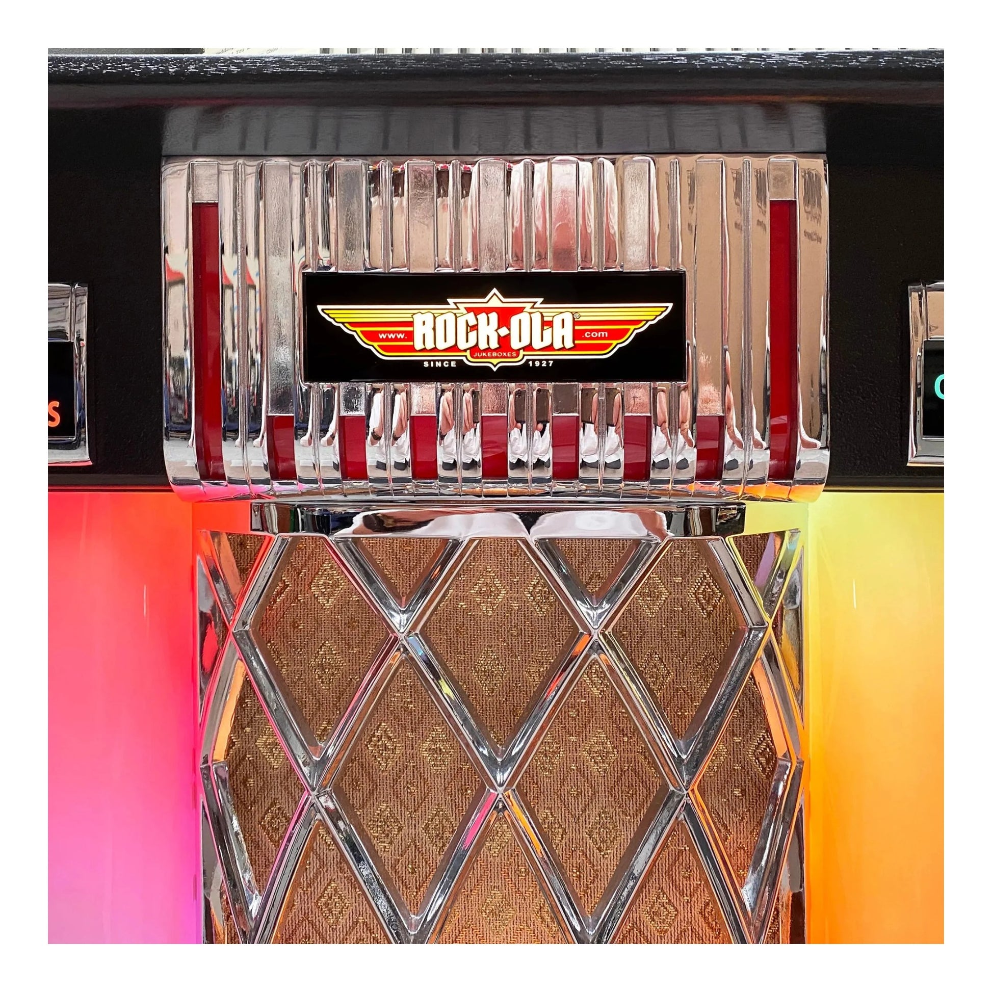 Vintage-style jukebox with 'Rock-Ola' branding on a colorful background