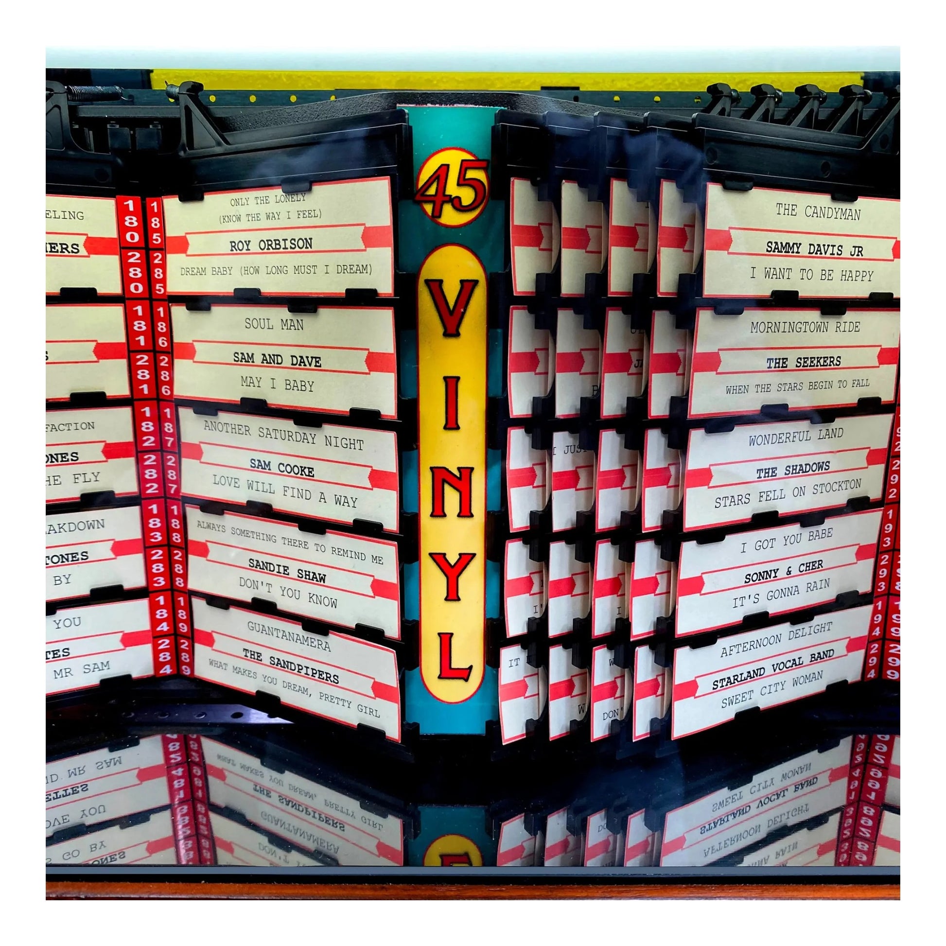 Stacks of vinyl records with a prominent '45 Vinyl' sign.