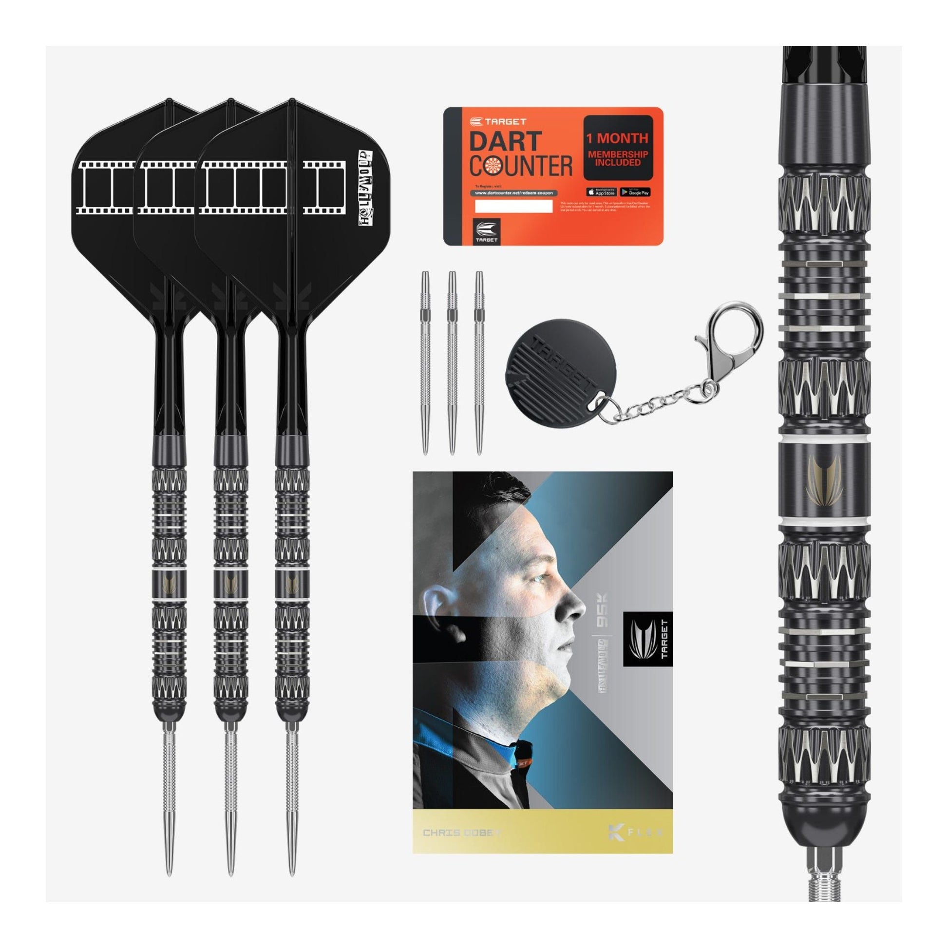 Image of the items included in the Chris Dobey 95K Darts package