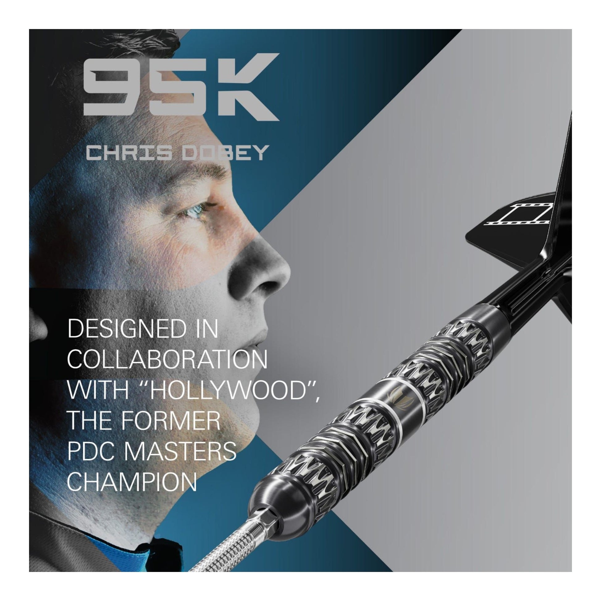 Chris Dobey 95K Darts promotional image with his picture