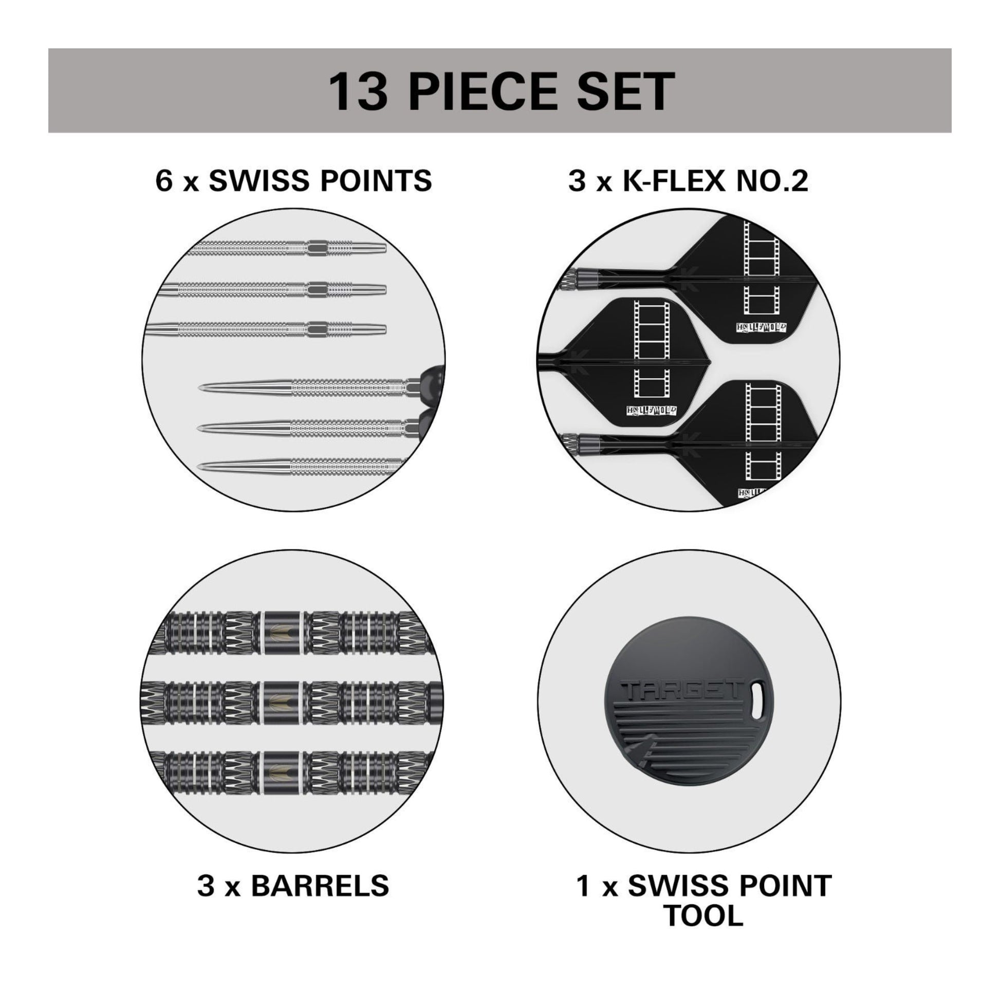 13-piece set diagram with Swiss points, K-Flex No.2, barrels, and a Swiss point tool on a white background.