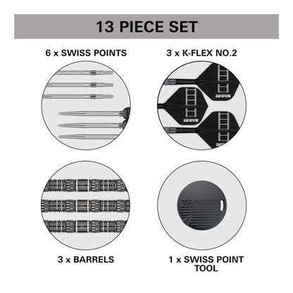 13-piece set diagram with Swiss points, K-Flex No.2, barrels, and a Swiss point tool on a white background.