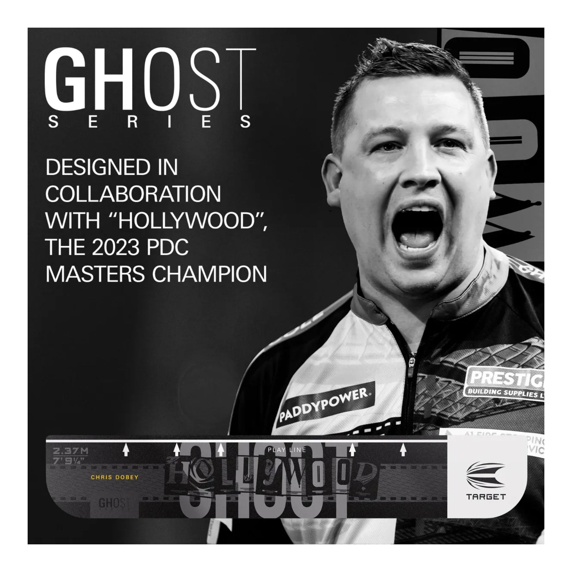 Ghost darts product with Chris Dobey in a black and white outfit, featuring branding and text about collaboration with Hollywood and PDC Masters Champion.