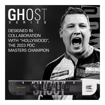 Ghost darts product with Chris Dobey in a black and white outfit, featuring branding and text about collaboration with Hollywood and PDC Masters Champion.