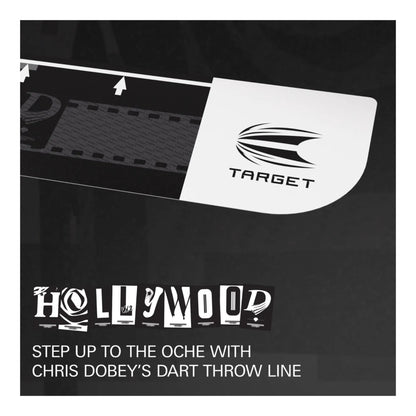 Target with 'Hollywood' and 'Step Up to the Oche with Chris Dobeys Dart Throw Line' text on a black background
