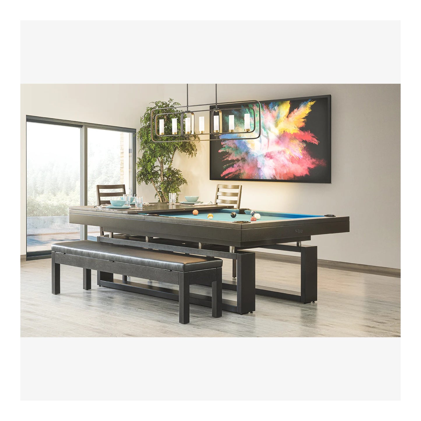 A full view of the Canada Billiard Cloud pool table with dark wood finish and charcoal felt, emphasizing its stable, modern base.