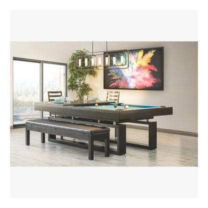 A full view of the Canada Billiard Cloud pool table with dark wood finish and charcoal felt, emphasizing its stable, modern base.