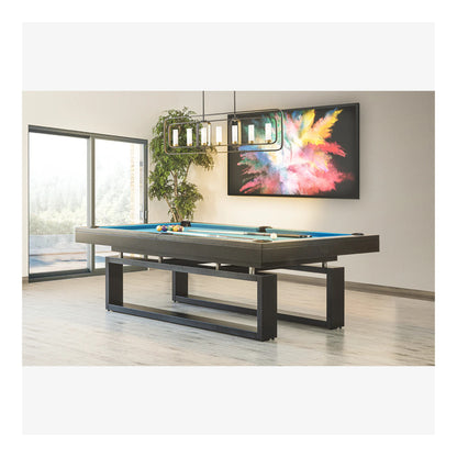The Cloud modern pool table shown with electric blue felt in a bright, contemporary room, highlighting its "floating" leg design.