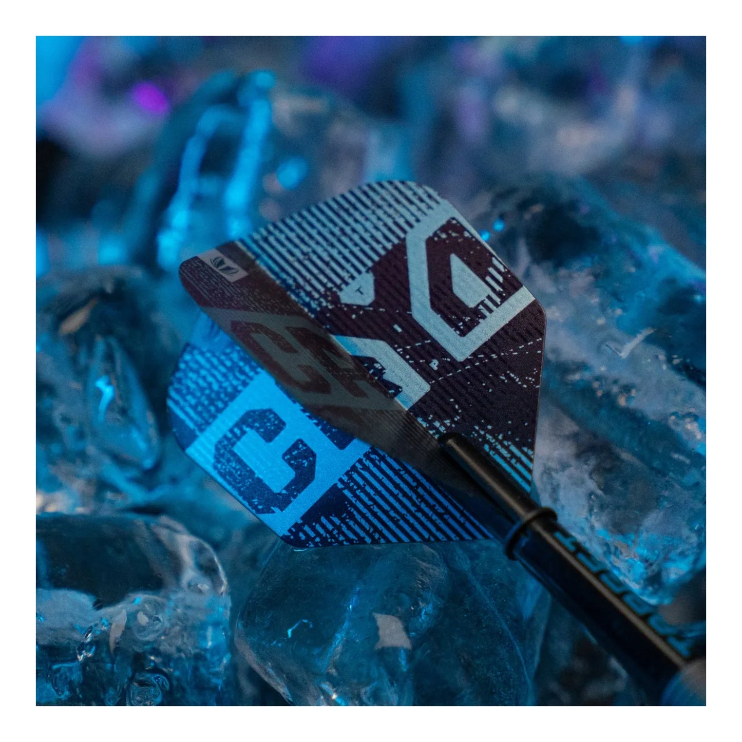 Close up of Target Cryo logo on blue and claret dart flight